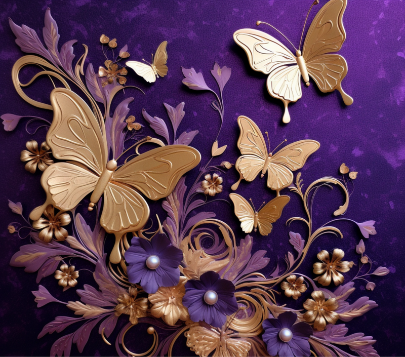 3D Dark Purple Gold Butterflies 20oz Skinny Tumbler Printed Paper