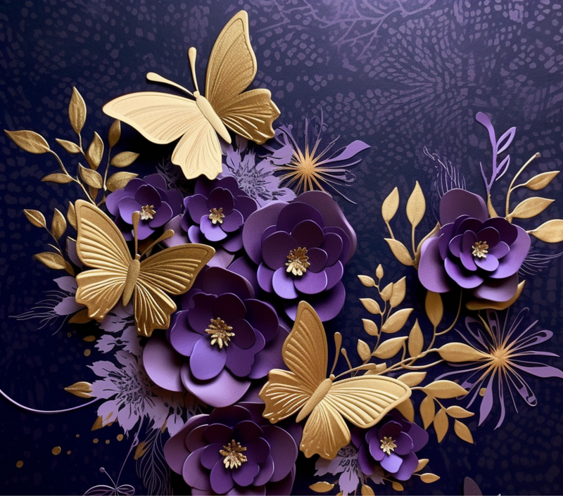 3D Light Purple Gold Butterflies 20oz Skinny Tumbler Printed Paper