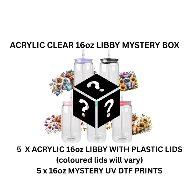 16oz CLEAR ACRYLIC LIBBY WITH PLASTIC LIDS MYSTERY BOX
