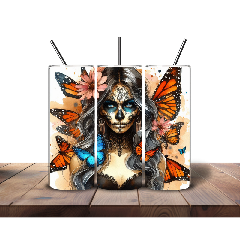 Blue, Orange Butterfly Lady 20oz Skinny Tumbler Printed Paper