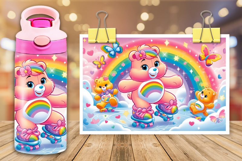 12oz Sublimation Flip Top Water Bottle Print - Skating Care Bears