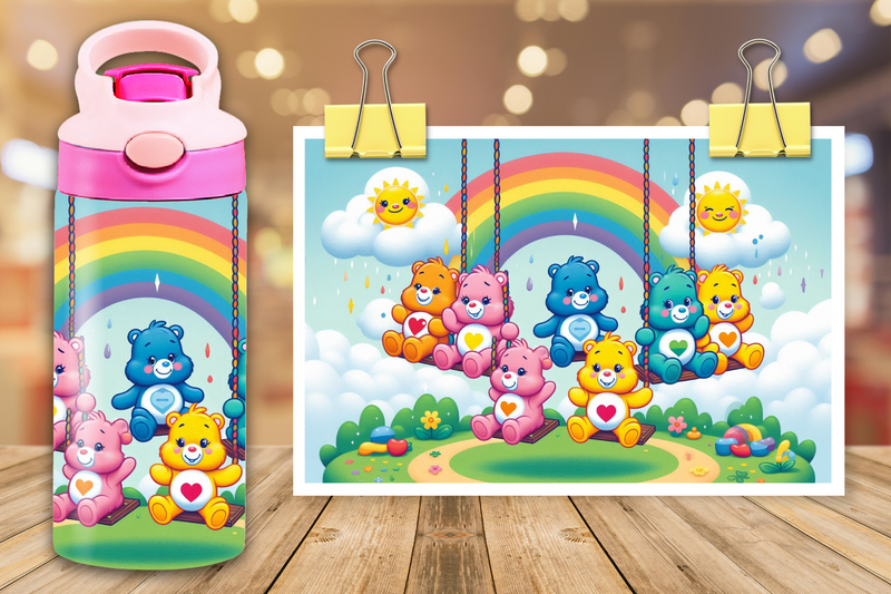 12oz Sublimation Flip Top Water Bottle Print - Swinging Dancing Care Bears