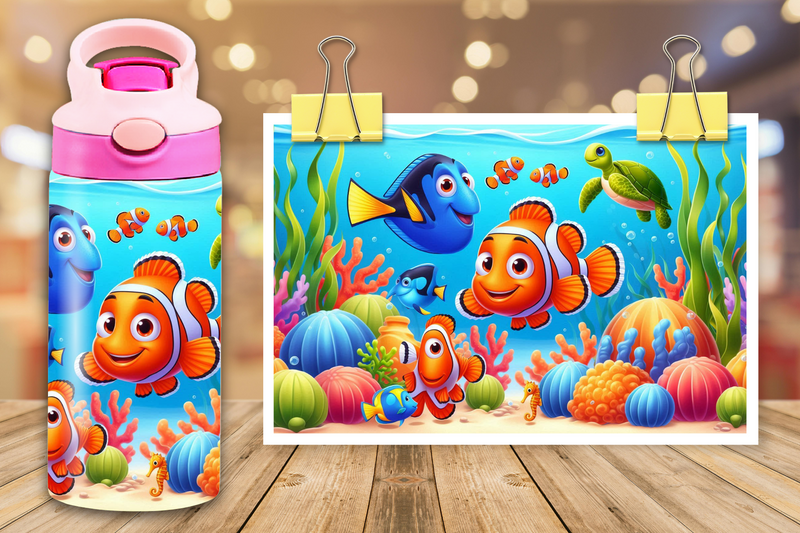 12oz Sublimation Flip Top Water Bottle Print - Nemo and Friends