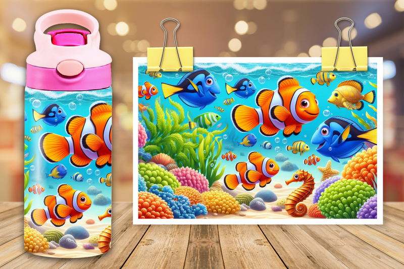 12oz Sublimation Flip Top Water Bottle Print - Nemo and Friends