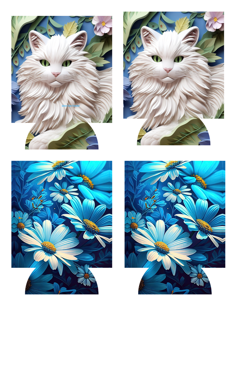 3D Persian Cat/Blue Flowers Sublimation Print to fit Can/stubby Coolers.