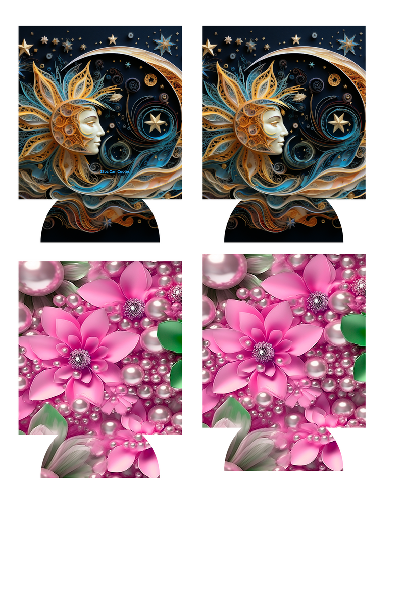 3D Sun Moon/Pearl Flowers Sublimation Print to fit Can/stubby Coolers.