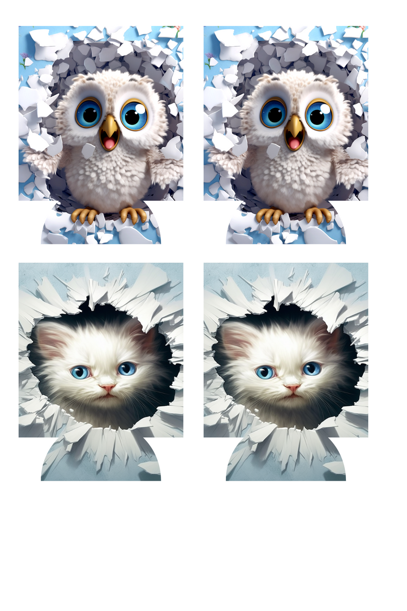 3D baby Owl/Kitten Sublimation Print to fit Can/stubby Coolers.