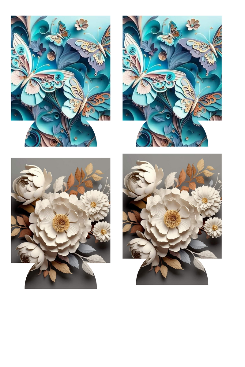 3D Blue Butterflies/Flowers Sublimation Print to fit Can/stubby Coolers.