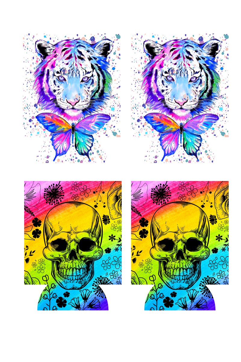 Colourful skull/ Rainbow Butterfly Lion Print to fit Can/stubby Coolers.