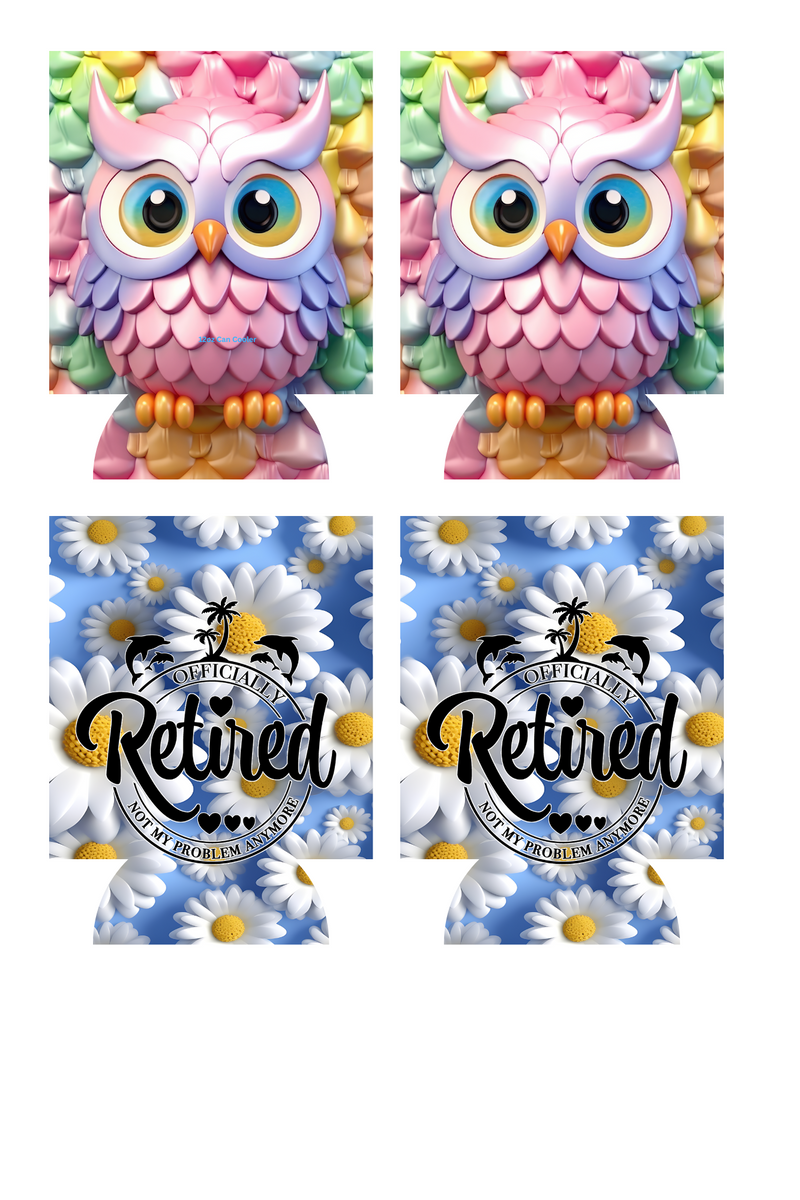 3D Retired/Owl Sublimation Print to fit Can/stubby Coolers.