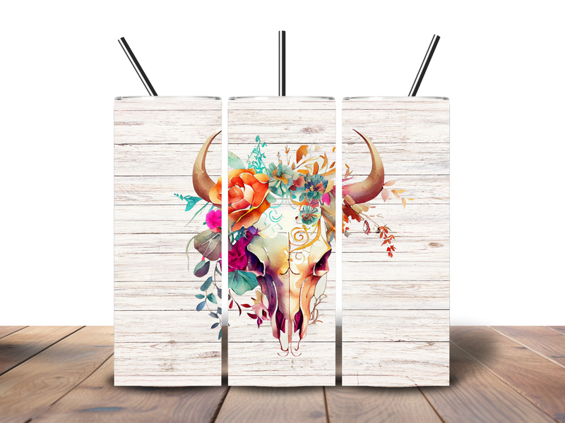 20oz Skinny Tumbler Printed Paper - Cow Skull Floral