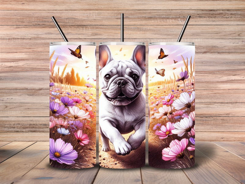 Pink Flowers Running Frenchie 20oz Skinny Tumbler Download file