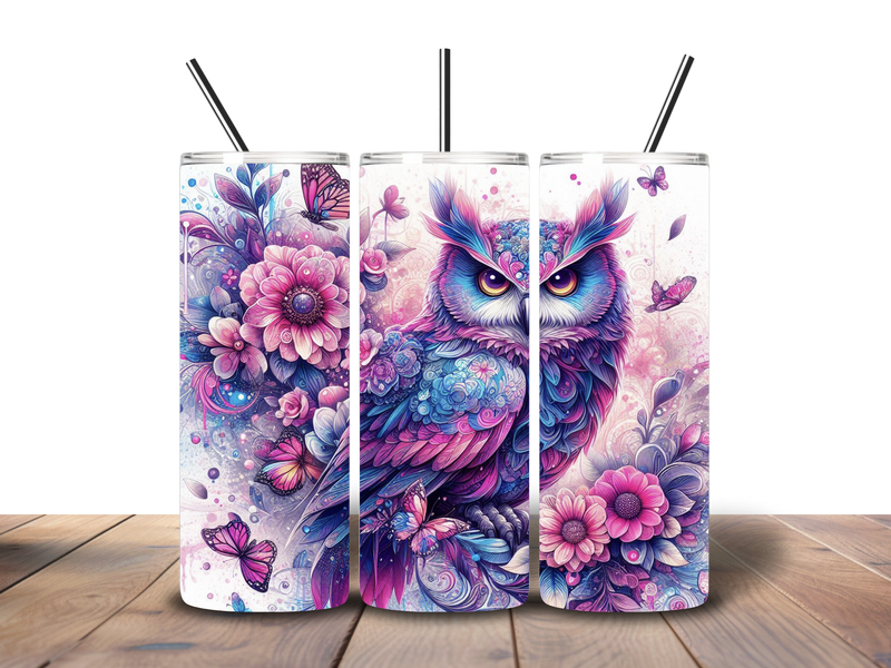 20oz Skinny Tumbler Printed Paper - Purple/Blue Floral Owl