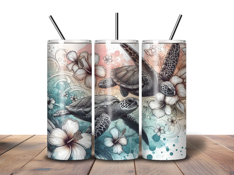 20oz Skinny Tumbler Printed Paper - Floral Swimming Turtles