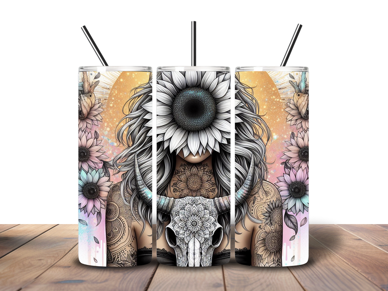 20oz Skinny Tumbler Printed Paper - Western Skull Sunflower