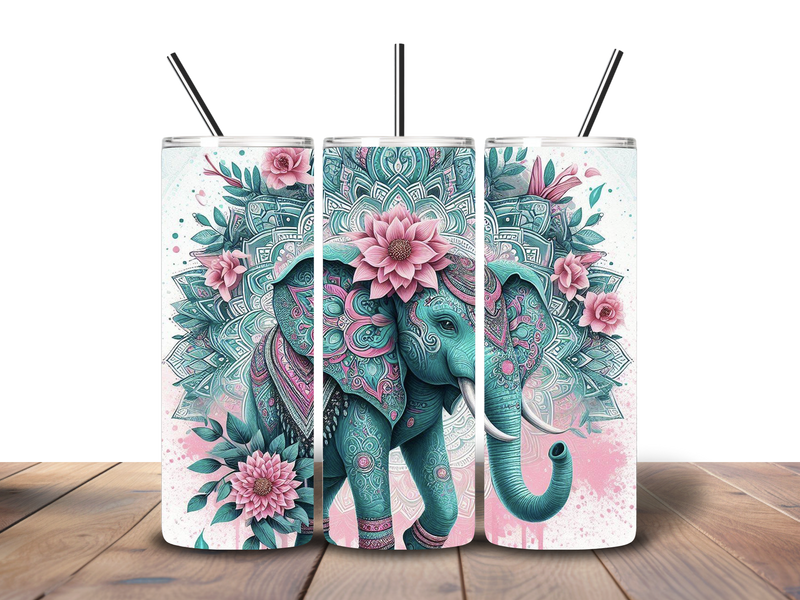 20oz Skinny Tumbler Printed Paper - Teal Floral Elephant