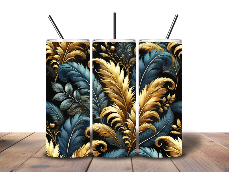 20oz Skinny Tumbler Printed Paper - Blue and Gold Feathers