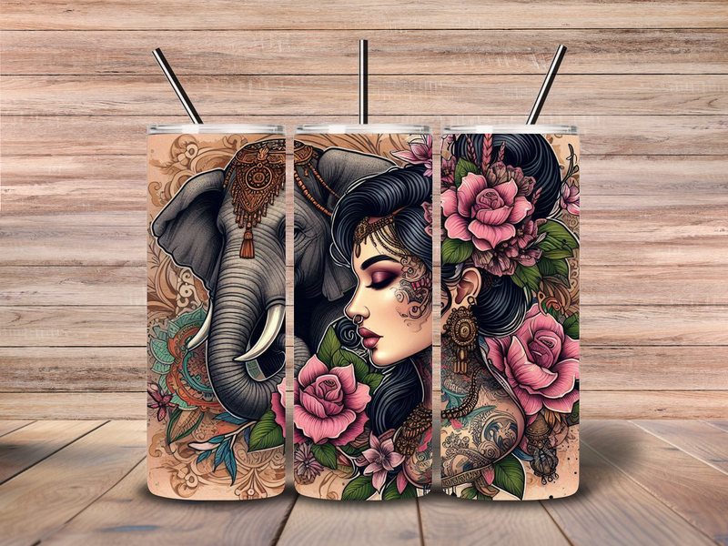 20oz Skinny Tumbler Printed Paper - Tattoo Lady with flowers and Elephant