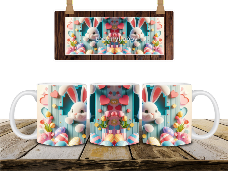 3D Blue Floral Easter Bunny Printed Sublimation Paper for 11oz mug