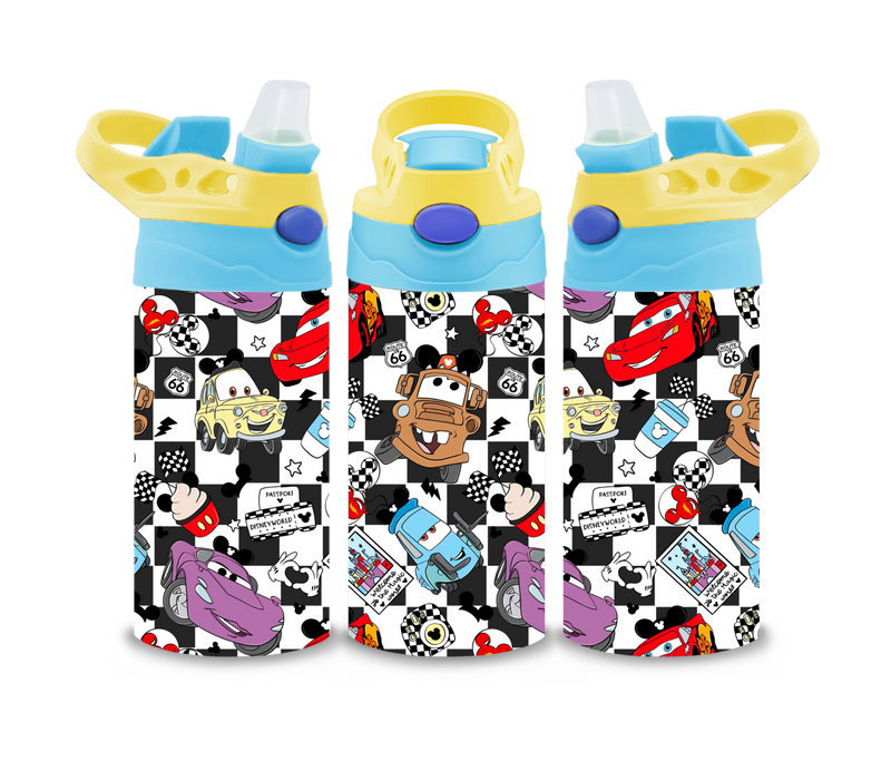 12oz Sublimation Flip Top Water Bottle Print - Checked Cars