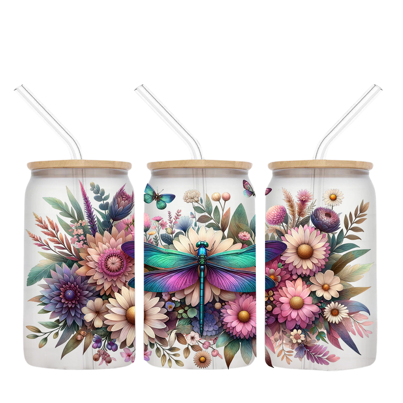 16oz Libby Glass Sublimation Print - Floral Dragonfly