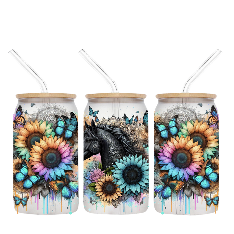 16oz Libby Glass Sublimation Print - Black Horse Sunflower