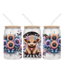 16oz Libby Glass Sublimation Print - Highlander Cow Sunflower