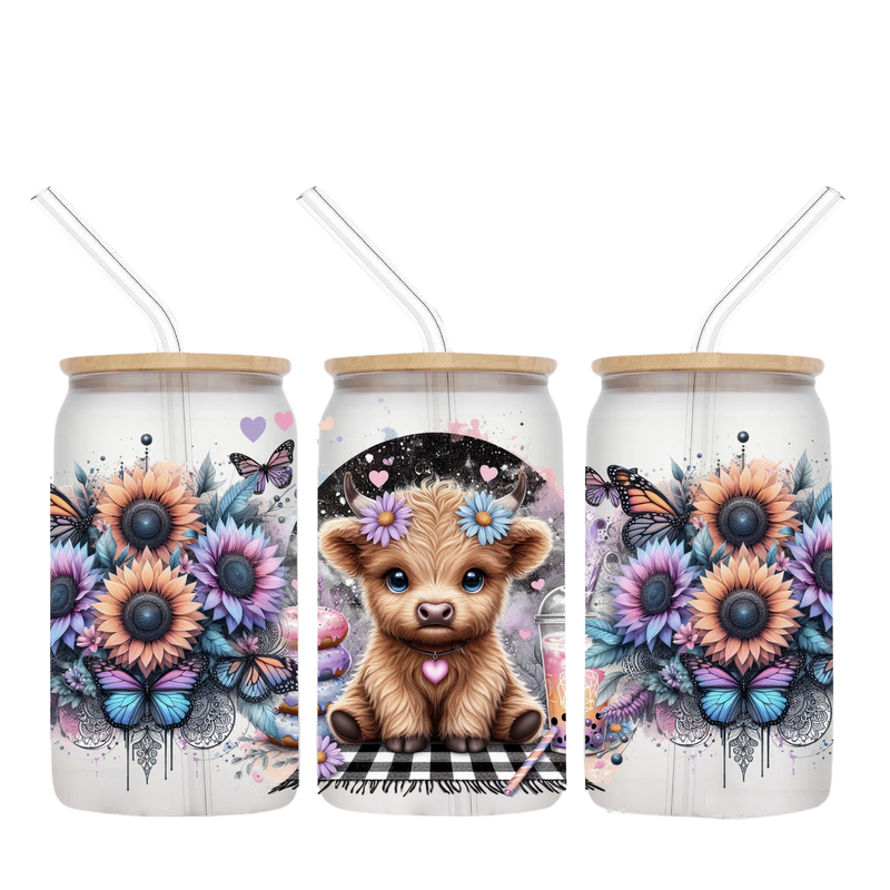 16oz Libby Glass Sublimation Print - Highlander Cow Sunflower
