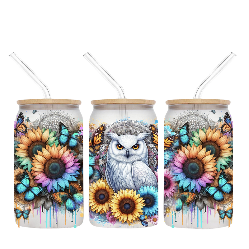 16oz Libby Glass Sublimation Print - White Sunflower Owl
