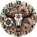 Round Clock Sublimation Print - Floral Cow Skull