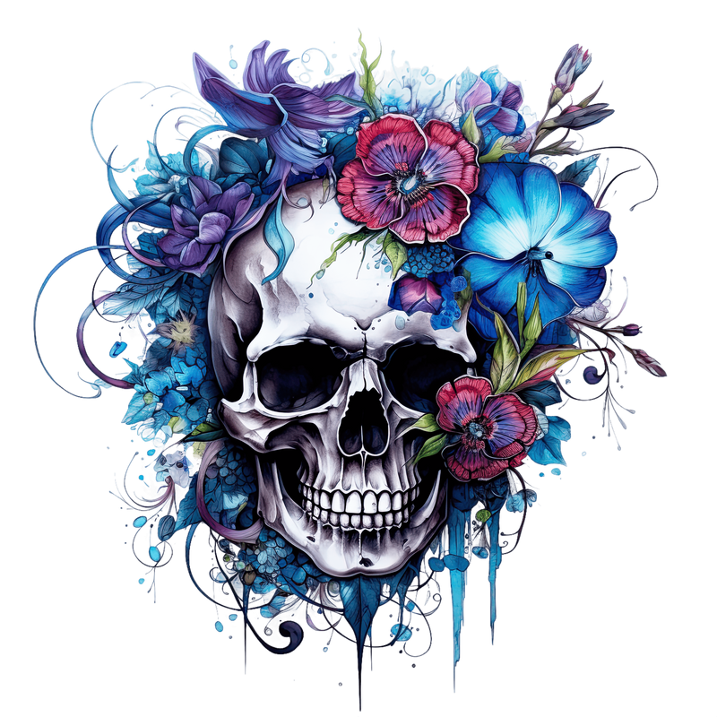 DTF Transfer Sheet - Blue Floral Skull