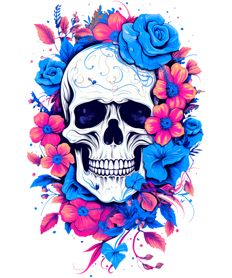 DTF Transfer Sheet - Blue/Pink Flower Skull