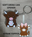 3D PRINTED SOFT DRINK CAN OPENER KEYRING AND STRAW TOPPER - HIGHLANDER COW