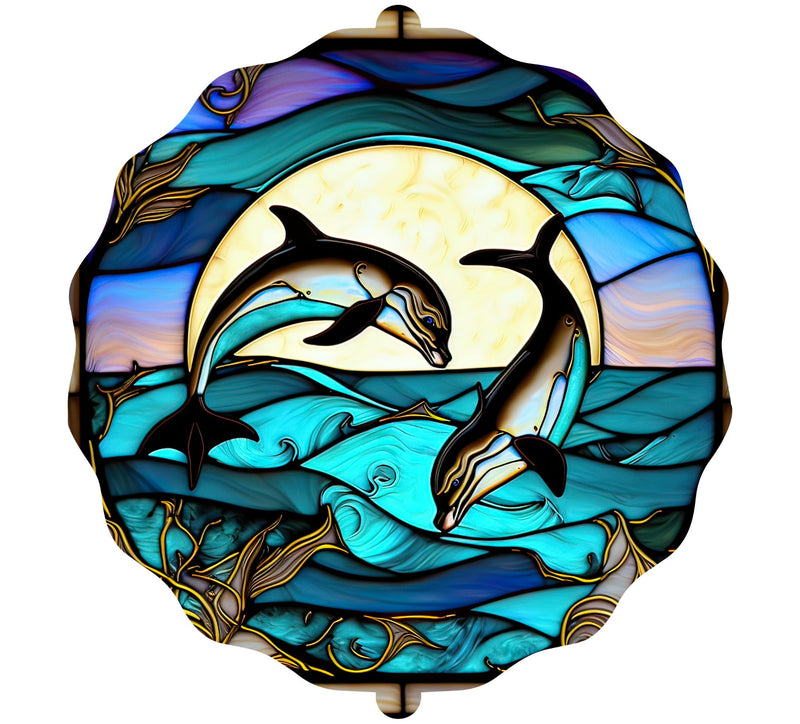 Stained Glass Moon Dolphin Wind Spinner design to fit an 8' Spinner.
