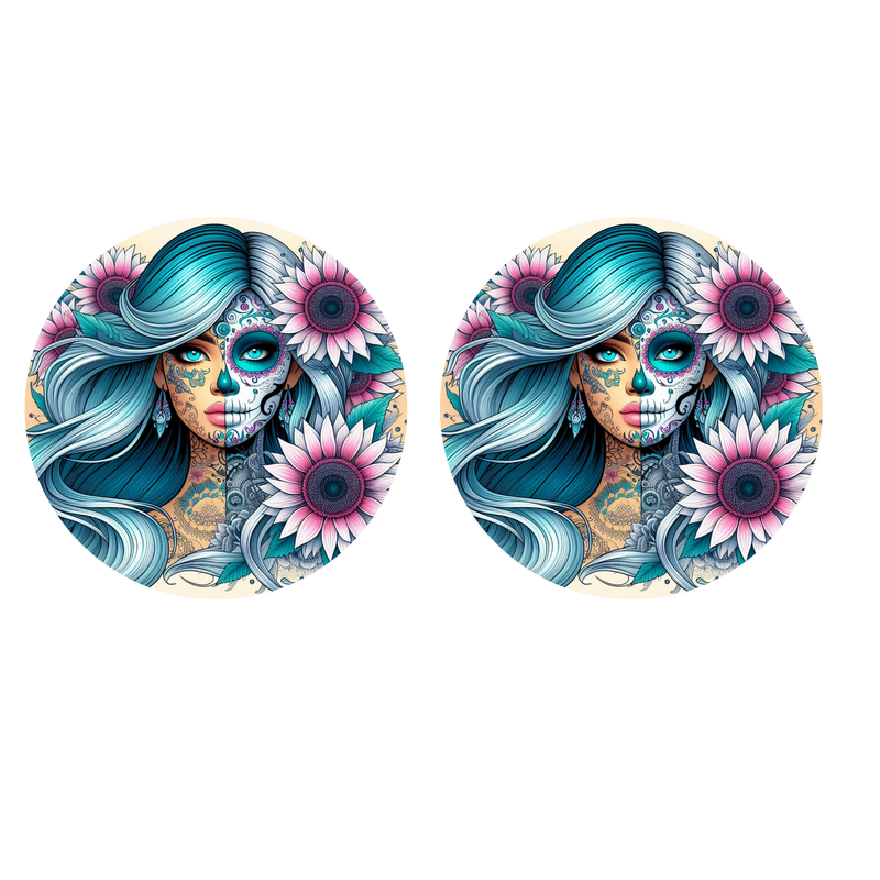 5cm Round Keyring Print - Teal Sunflower Tattoo Lady