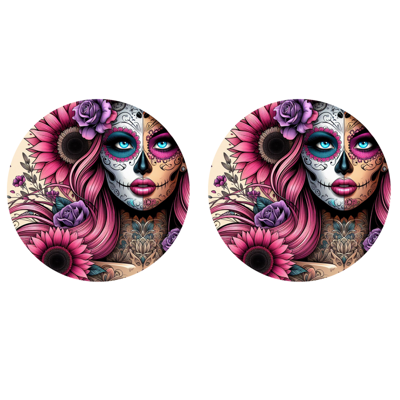 5cm Round Keyring Print - Pink Sunflower Tattoo Lady