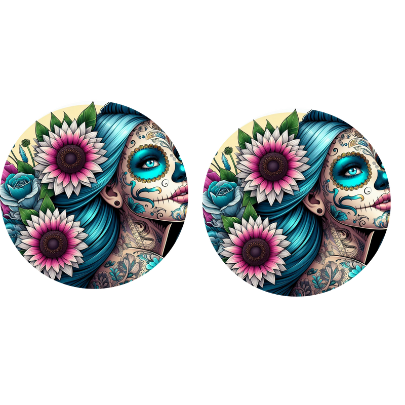 5cm Round Keyring Print - Teal Roses Tattoo Lady