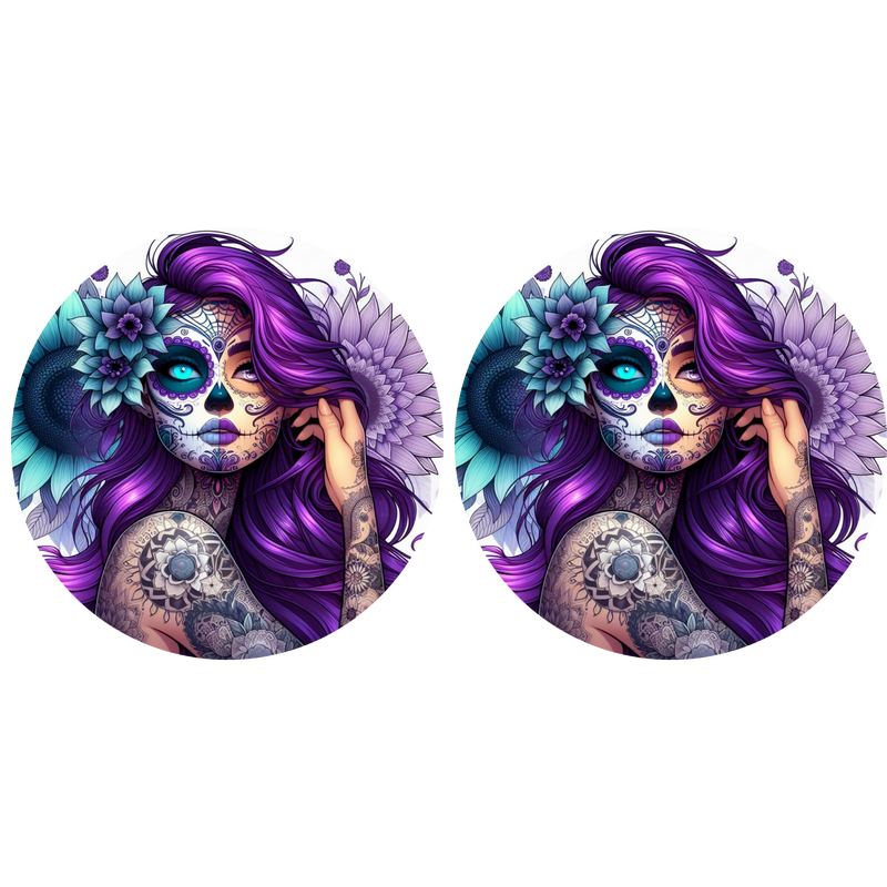 5cm Round Keyring Print - Teal/Purple Tattoo Lady