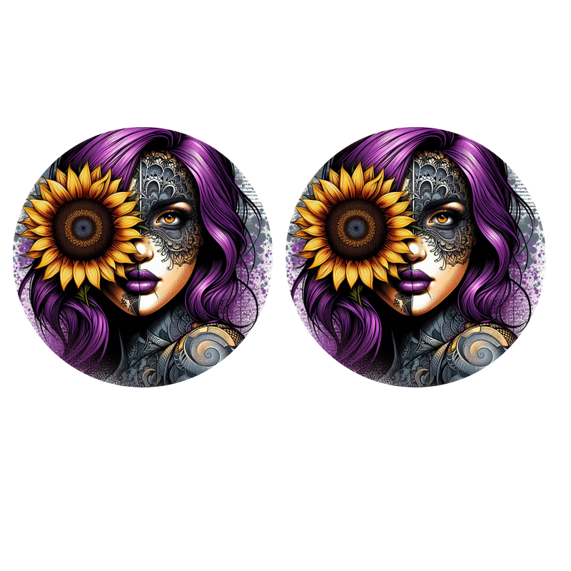 5cm Round Keyring Print -Purple Sunflower Tattoo Lady
