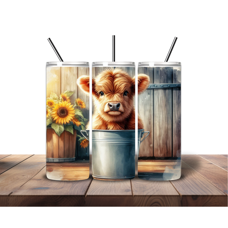 Wooden Sunflower Highlander Cow 20oz Skinny Tumbler Printed Paper