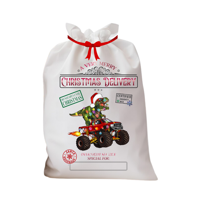 Santa Sack DTF Print - Christmas Dino Monster Truck