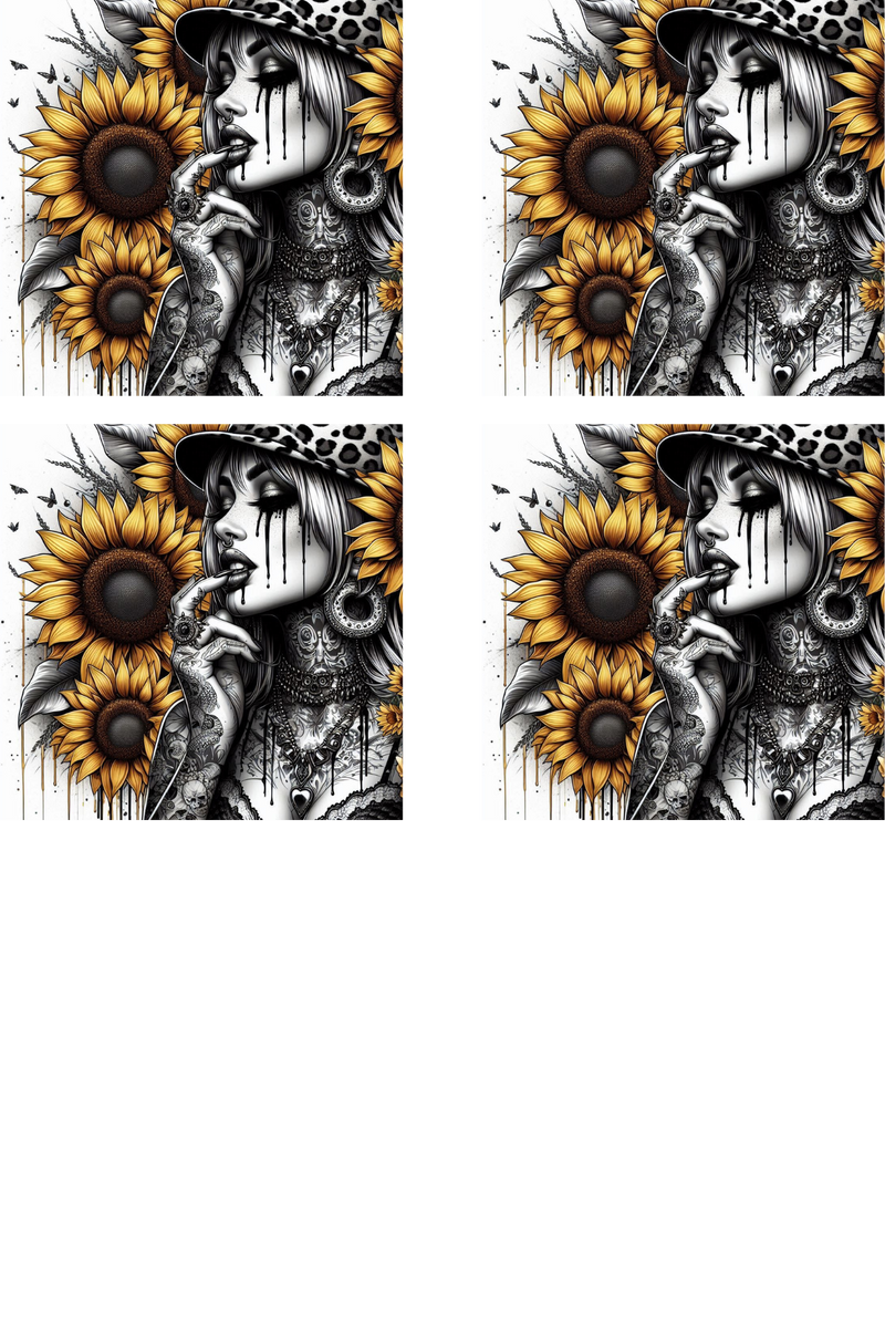 Black and White Sunflower Lady - Sublimation Coaster Prints 4 Per Pkt 4"x4"