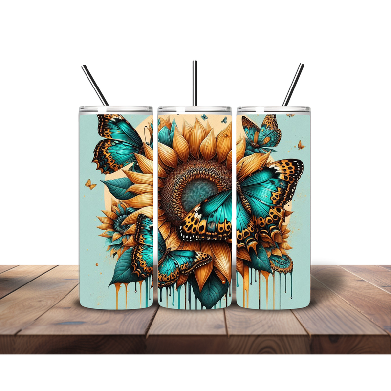 20oz Skinny Tumbler Printed Paper - Blue Sunflower Butterfly's
