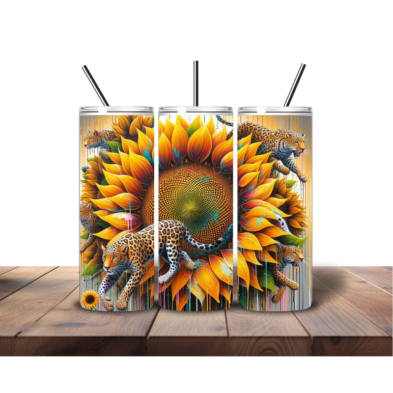 20oz Skinny Tumbler Printed Paper - jumping Leopard Sunflower