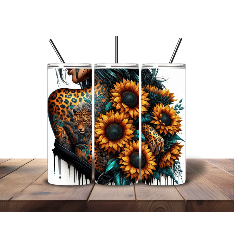 20oz Skinny Tumbler Printed Paper - Sunflower Leopard Lady