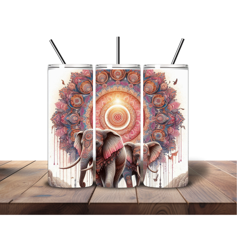 20oz Skinny Tumbler Printed Paper - Pink Paint Mandala Elephant's