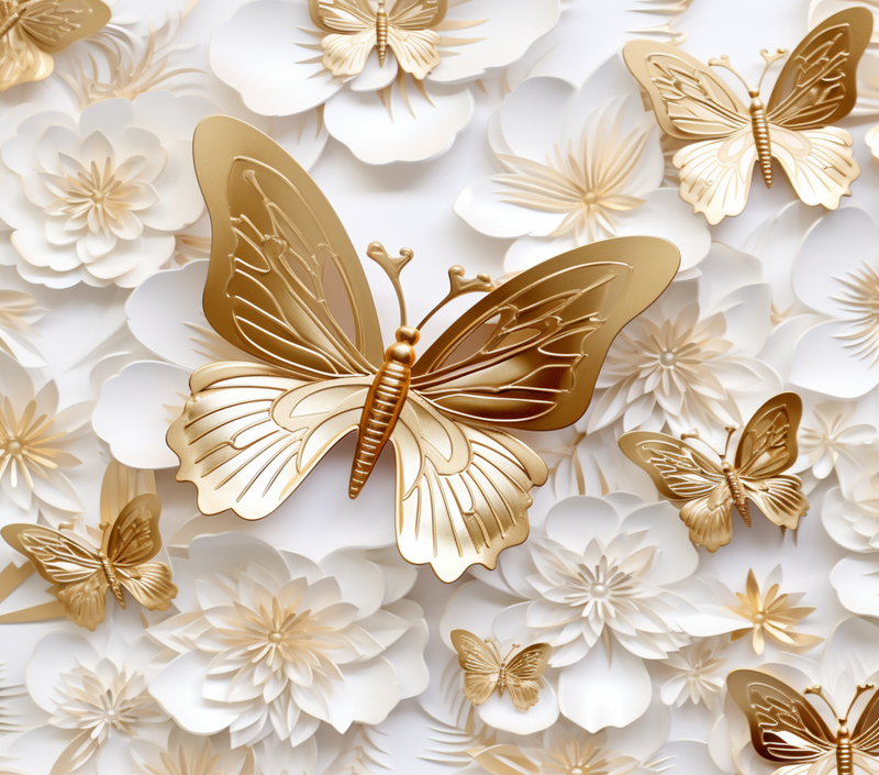 3D Gold and White Butterfly 20oz Skinny Tumbler Printed Paper