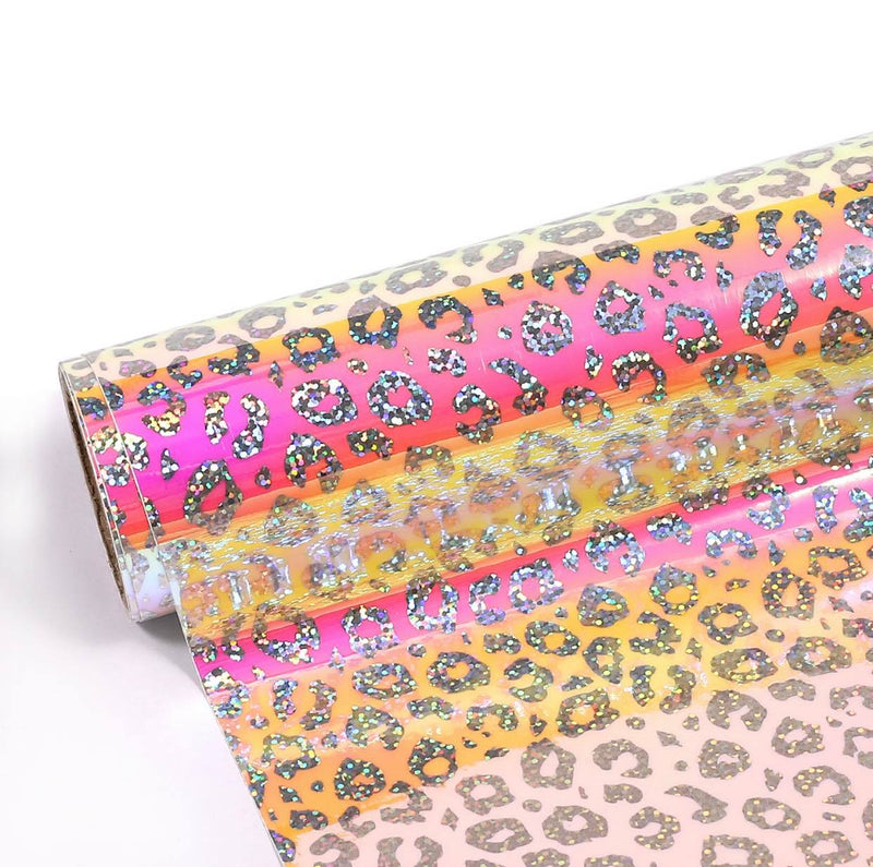 Holographic Foil Permanent Self Adhesive Vinyl- Yellow to Pink Leopard 30cm x 30cm