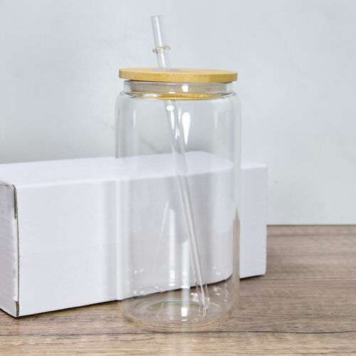Sublimation 16oz Libby Glass Clear with Bamboo lid and Straw